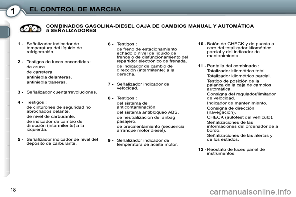 Peugeot 407 2006  Manual del propietario (in Spanish) �1�E�L� �C�O�N�T�R�O�L� �D�E� �M�A�R�C�H�A
�1�8
�1� �-�  �S�e�ñ�a�l�i�z�a�d�o�r� �i�n�d�i�c�a�d�o�r� �d�e� 
�t�e�m�p�e�r�a�t�u�r�a� �d�e�l� �l�í�q�u�i�d�o� �d�e�  
�r�e�f�r�i�g�e�r�a�c�i�ó�n�.
�2� 