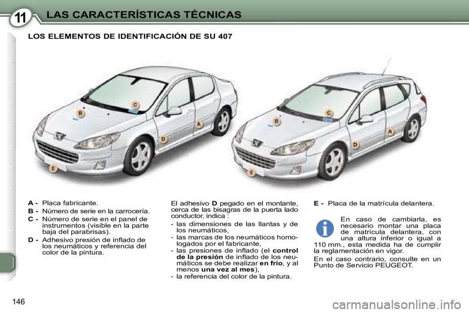Peugeot 407 2006  Manual del propietario (in Spanish) �1�1�L�A�S� �C�A�R�A�C�T�E�R�Í�S�T�I�C�A�S� �T�É�C�N�I�C�A�S
�1�4�6
�A� �-� �P�l�a�c�a� �f�a�b�r�i�c�a�n�t�e�.
�B� �-�  �N�ú�m�e�r�o� �d�e� �s�e�r�i�e� �e�n� �l�a� �c�a�r�r�o�c�e�r�í�a�.
�C� �-�  