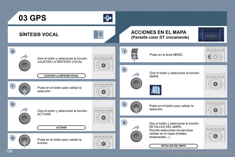 Peugeot 407 2006  Manual del propietario (in Spanish) �6 
�7 
�8 
�9�1
�2
�3 
�4
�1�5�4
�P�u�l�s�e� �e�n� �e�l� �b�o�t�ó�n� �p�a�r�a� �v�a�l�i�d�a�r� �l�a�  
�s�e�l�e�c�c�i�ó�n�.
�G�i�r�e� �e�l� �b�o�t�ó�n� �y� �s�e�l�e�c�c�i�o�n�e� �l�a� �f�u�n�c�i�