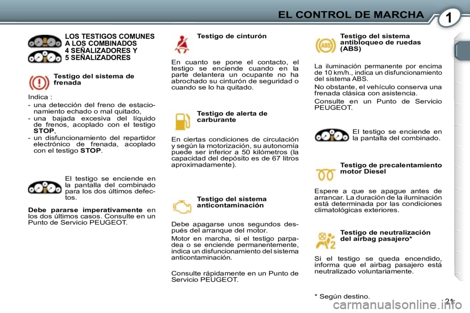 Peugeot 407 2006  Manual del propietario (in Spanish) �1�E�L� �C�O�N�T�R�O�L� �D�E� �M�A�R�C�H�A
�2�1
�T�e�s�t�i�g�o� �d�e�l� �s�i�s�t�e�m�a� �d�e�  
�f�r�e�n�a�d�a
�L�O�S� �T�E�S�T�I�G�O�S� �C�O�M�U�N�E�S�  
�A� �L�O�S� �C�O�M�B�I�N�A�D�O�S� 
�4� �S�E�