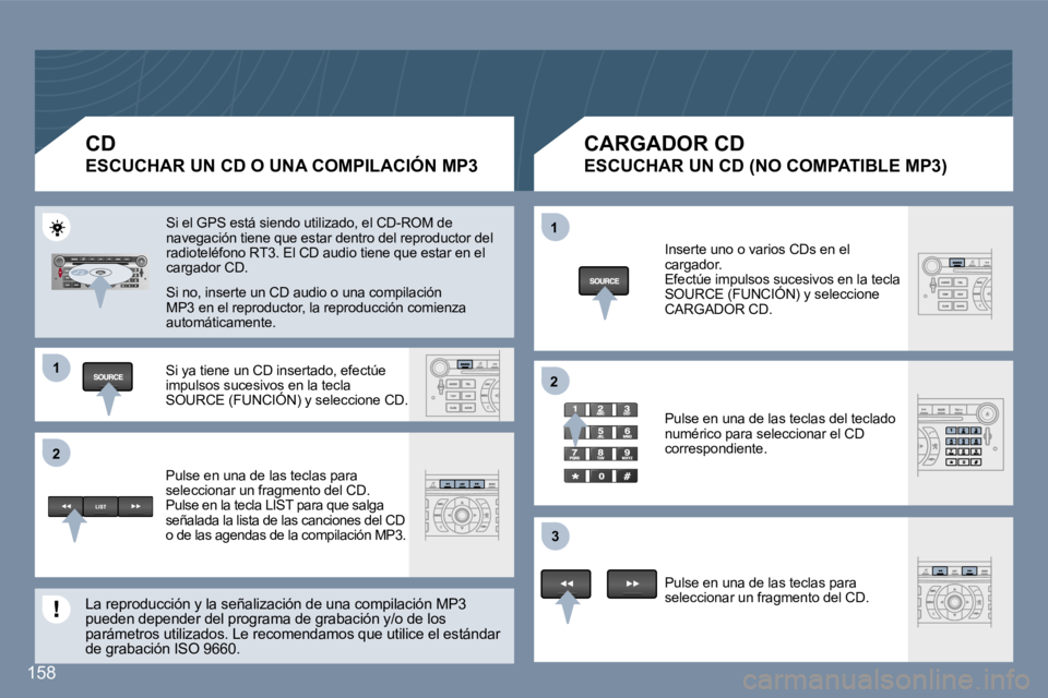 Peugeot 407 2006  Manual del propietario (in Spanish) �1 
�2�1 
�2
�3
�1�5�8
�C�D
�E�S�C�U�C�H�A�R� �U�N� �C�D� �O� �U�N�A� �C�O�M�P�I�L�A�C�I�Ó�N� �M�P�3
�C�A�R�G�A�D�O�R� �C�D
�E�S�C�U�C�H�A�R� �U�N� �C�D� �(�N�O� �C�O�M�P�A�T�I�B�L�E� �M�P�3�)
�S�i� 