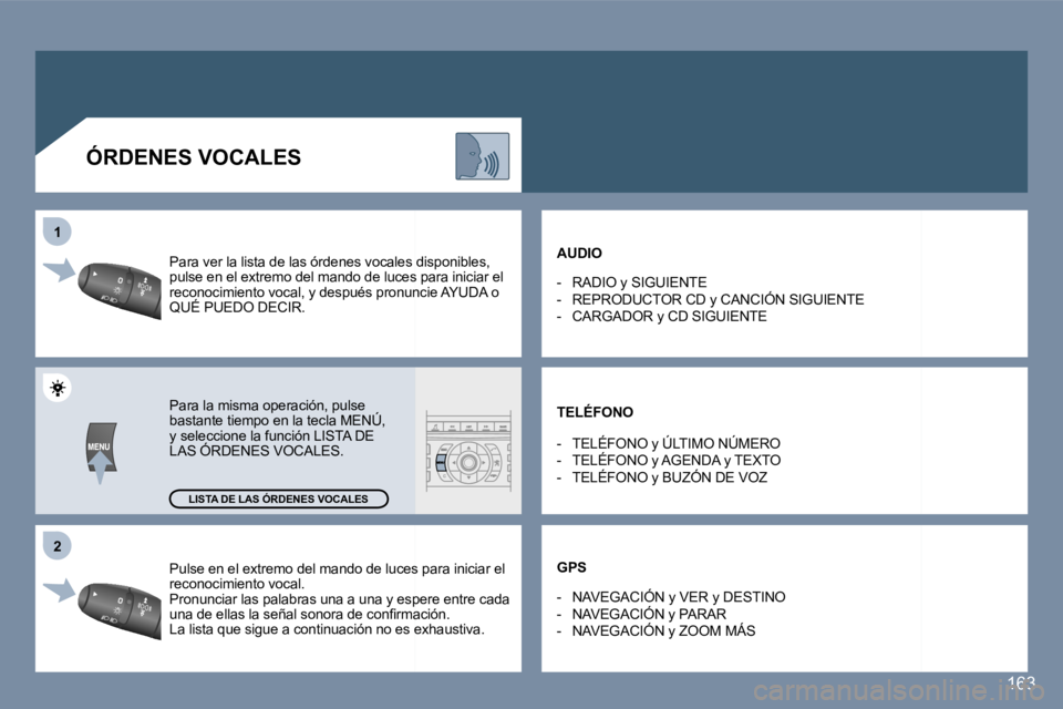Peugeot 407 2006  Manual del propietario (in Spanish) �2
�1
�1�6�3
�P�u�l�s�e� �e�n� �e�l� �e�x�t�r�e�m�o� �d�e�l� �m�a�n�d�o� �d�e� �l�u�c�e�s� �p�a�r�a� �i�n�i�c�i�a�r
� �e�l� 
�r�e�c�o�n�o�c�i�m�i�e�n�t�o� �v�o�c�a�l�. 
�P�r�o�n�u�n�c�i�a�r� �l�a�s� �