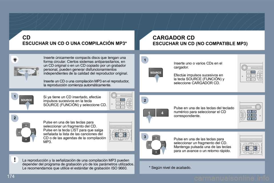 Peugeot 407 2006  Manual del propietario (in Spanish) �1 
�2 
�3
�1 
�2
�1�7�4
�C�A�R�G�A�D�O�R� �C�D
�E�S�C�U�C�H�A�R� �U�N� �C�D� �(�N�O� �C�O�M�P�A�T�I�B�L�E� �M�P�3�)
�I�n�s�e�r�t�e� �u�n�o� �o� �v�a�r�i�o�s� �C�D�s� �e�n� �e�l�  
�c�a�r�g�a�d�o�r�. 