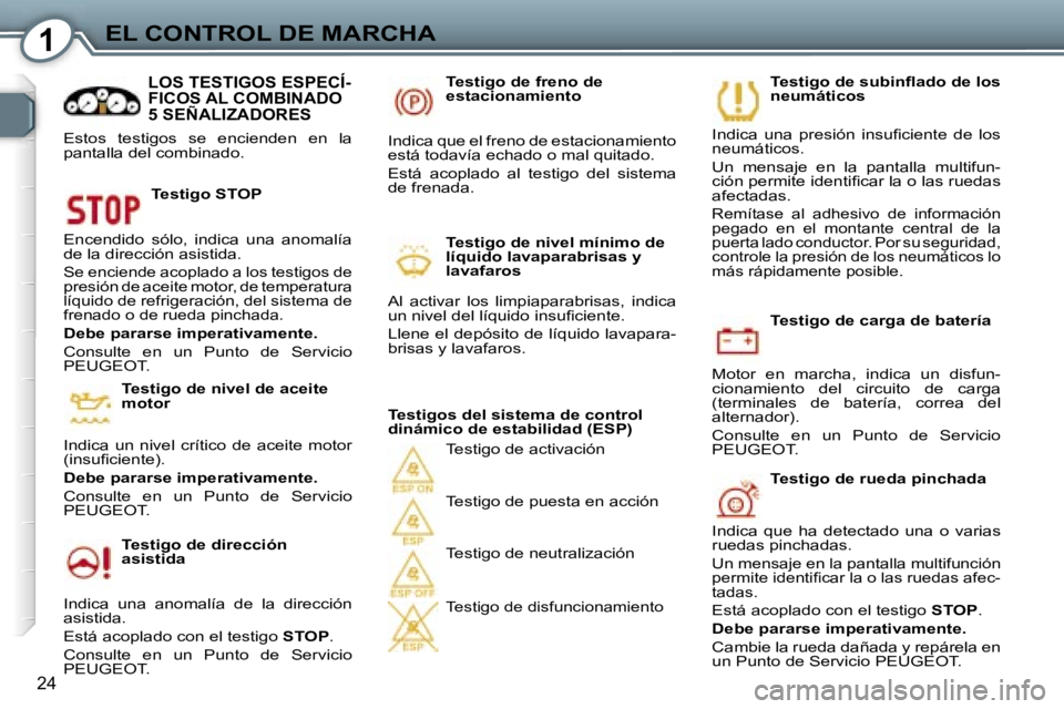 Peugeot 407 2006  Manual del propietario (in Spanish) �1�E�L� �C�O�N�T�R�O�L� �D�E� �M�A�R�C�H�A
�2�4
�T�e�s�t�i�g�o� �d�e� �c�a�r�g�a� �d�e� �b�a�t�e�r�í�a
�M�o�t�o�r�  �e�n�  �m�a�r�c�h�a�,�  �i�n�d�i�c�a�  �u�n�  �d�i�s�f�u�n�- 
�c�i�o�n�a�m�i�e�n�t�