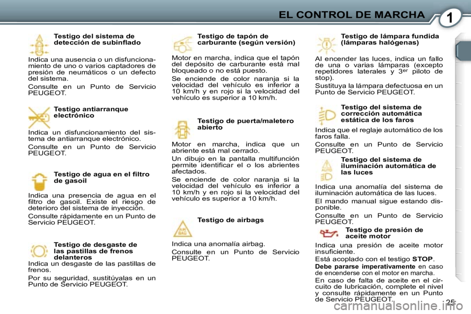 Peugeot 407 2006  Manual del propietario (in Spanish) �1�E�L� �C�O�N�T�R�O�L� �D�E� �M�A�R�C�H�A
�2�5
�T�e�s�t�i�g�o� �d�e�l� �s�i�s�t�e�m�a� �d�e�  
�d�e�t�e�c�c�i�ó�n� �d�e� �s�u�b�i�n�ﬂ�a�d�o
�I�n�d�i�c�a� �u�n�a� �a�u�s�e�n�c�i�a� �o� �u�n� �d�i�s