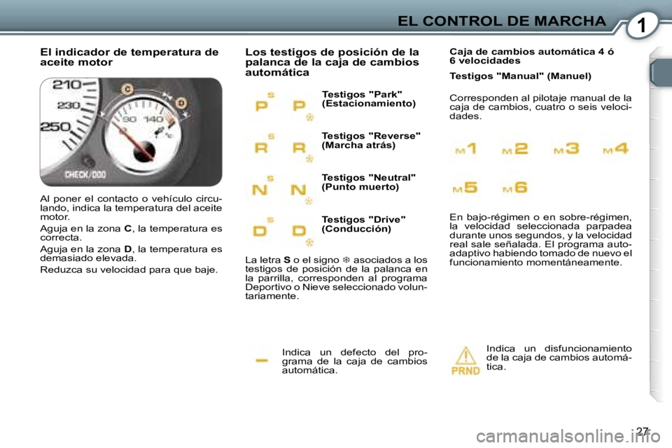 Peugeot 407 2006  Manual del propietario (in Spanish) �1�E�L� �C�O�N�T�R�O�L� �D�E� �M�A�R�C�H�A
�2�7
�I�n�d�i�c�a�  �u�n�  �d�e�f�e�c�t�o�  �d�e�l�  �p�r�o�- 
�g�r�a�m�a�  �d�e�  �l�a�  �c�a�j�a�  �d�e�  �c�a�m�b�i�o�s� 
�a�u�t�o�m�á�t�i�c�a�.
�L�o�s� 