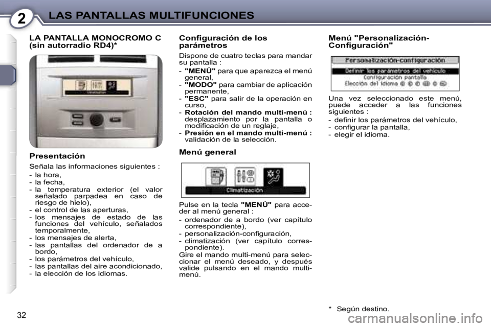 Peugeot 407 2006  Manual del propietario (in Spanish) �2�L�A�S� �P�A�N�T�A�L�L�A�S� �M�U�L�T�I�F�U�N�C�I�O�N�E�S
�3�2
�L�A� �P�A�N�T�A�L�L�A� �M�O�N�O�C�R�O�M�O� �C�  
�(�s�i�n� �a�u�t�o�r�r�a�d�i�o� �R�D�4�)�*
�P�r�e�s�e�n�t�a�c�i�ó�n
�S�e�ñ�a�l�a� �l