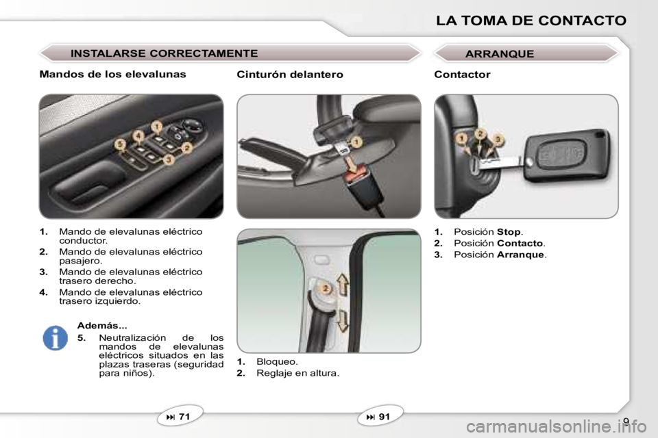 Peugeot 407 2006  Manual del propietario (in Spanish) �9
�L�A� �T�O�M�A� �D�E� �C�O�N�T�A�C�T�O
�C�i�n�t�u�r�ó�n� �d�e�l�a�n�t�e�r�o
�1�.�  �B�l�o�q�u�e�o�.
�2�. �  �R�e�g�l�a�j�e� �e�n� �a�l�t�u�r�a�.
� � �7�1
�M�a�n�d�o�s� �d�e� �l�o�s� �e�l�e�v�a�