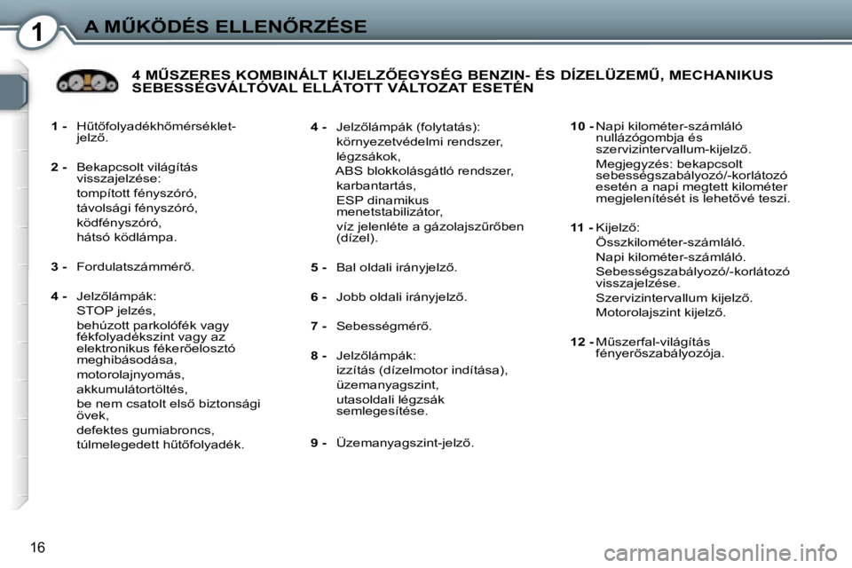 Peugeot 407 2006  Kezelési útmutató (in Hungarian) �1�A� �MB�K�Ö�D�É�S� �E�L�L�E�N4�R�Z�É�S�E
�1�6
�1� �- �  �HC�t5�f�o�l�y�a�d�é�k�h5�m�é�r�s�é�k�l�e�t�-
�j�e�l�z5�.
�2� �- �  �B�e�k�a�p�c�s�o�l�t� �v�i�l�á�g�í�t�á�s� 
�v�i�s�s�z�a�j�e