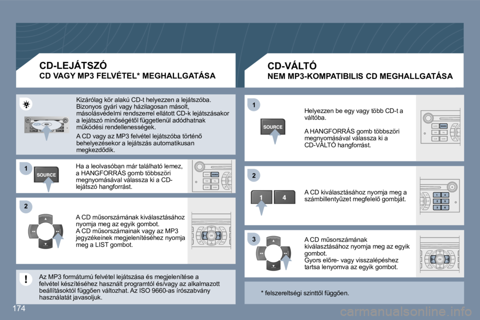 Peugeot 407 2006  Kezelési útmutató (in Hungarian) �1 
�2 
�3
�1 
�2
�1�7�4
�C�D�-�V�Á�L�T�Ó
�N�E�M� �M�P�3�-�K�O�M�P�A�T�I�B�I�L�I�S� �C�D� �M�E�G�H�A�L�L�G�A�T�Á�S�A
�H�e�l�y�e�z�z�e�n� �b�e� �e�g�y� �v�a�g�y� �t�ö�b�b� �C�D�-�t� �a�  
�v�á�l�t