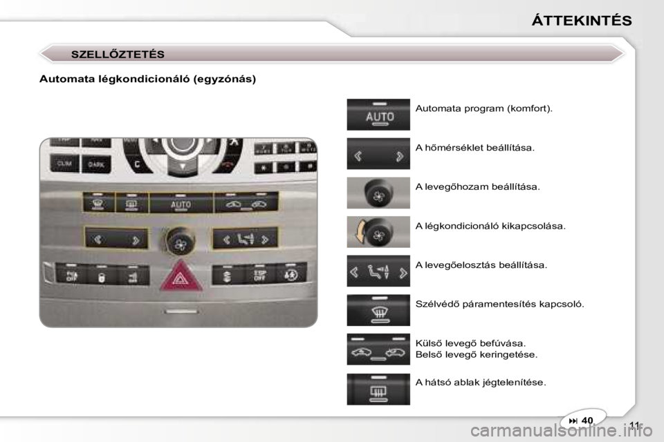 Peugeot 407 2006  Kezelési útmutató (in Hungarian) �1�1
�Á�T�T�E�K�I�N�T�É�S
�S�Z�E�L�L4�Z�T�E�T�É�S
�A�u�t�o�m�a�t�a� �l�é�g�k�o�n�d�i�c�i�o�n�á�l�ó� �(�e�g�y�z�ó�n�á�s�)
�A�u�t�o�m�a�t�a� �p�r�o�g�r�a�m� �(�k�o�m�f�o�r�t�)�. 
�A� �h5�m�é�