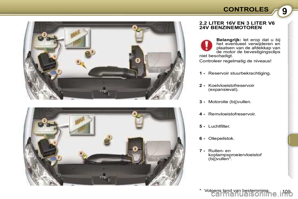 Peugeot 407 2006  Handleiding (in Dutch) �9�C�O�N�T�R�O�L�E�S
�1�0�9
�2�,�2� �L�I�T�E�R� �1�6�V� �E�N� �3� �L�I�T�E�R� �V�6�  
�2�4�V� �B�E�N�Z�I�N�E�M�O�T�O�R�E�N
�*�  �V�o�l�g�e�n�s� �l�a�n�d� �v�a�n� �b�e�s�t�e�m�m�i�n�g�.�B�e�l�a�n�g�r�i