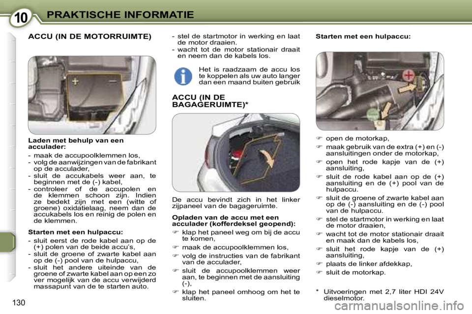 Peugeot 407 2006  Handleiding (in Dutch) �1�0�P�R�A�K�T�I�S�C�H�E� �I�N�F�O�R�M�A�T�I�E
�1�3�0
�-�  �s�t�e�l�  �d�e�  �s�t�a�r�t�m�o�t�o�r�  �i�n�  �w�e�r�k�i�n�g�  �e�n�  �l�a�a�t� �d�e� �m�o�t�o�r� �d�r�a�a�i�e�n�.
�-�  �w�a�c�h�t�  �t�o�t