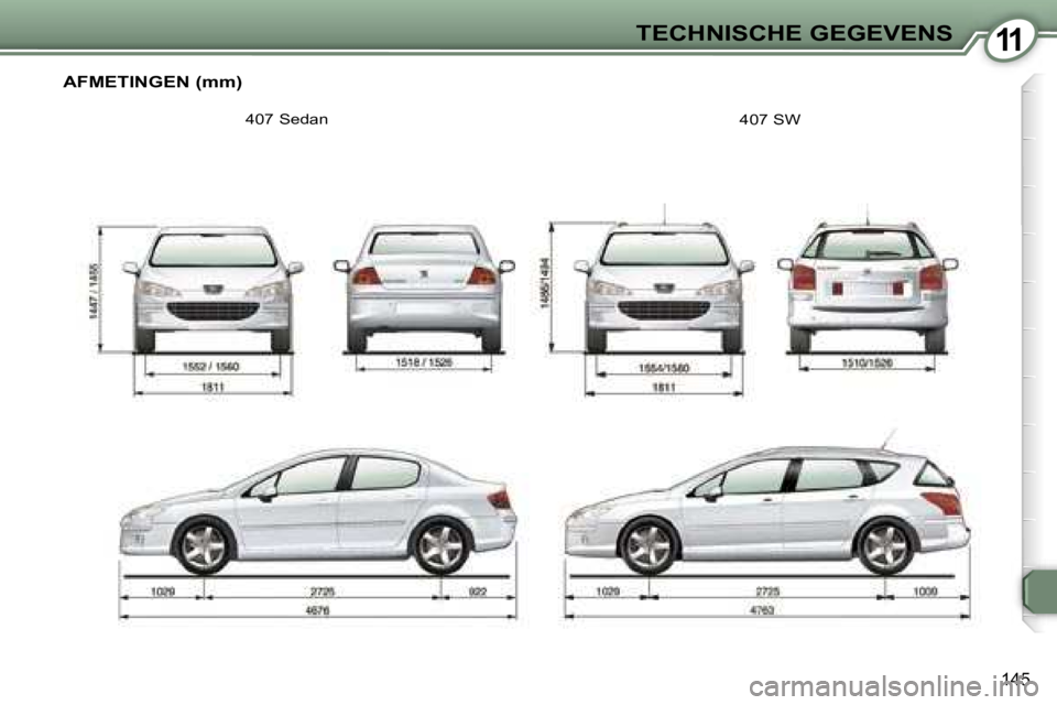 Peugeot 407 2006  Handleiding (in Dutch) �1�1�T�E�C�H�N�I�S�C�H�E� �G�E�G�E�V�E�N�S
�1�4�5
�A�F�M�E�T�I�N�G�E�N� �(�m�m�)
�4�0�7� �S�e�d�a�n�4�0�7� �S�W   