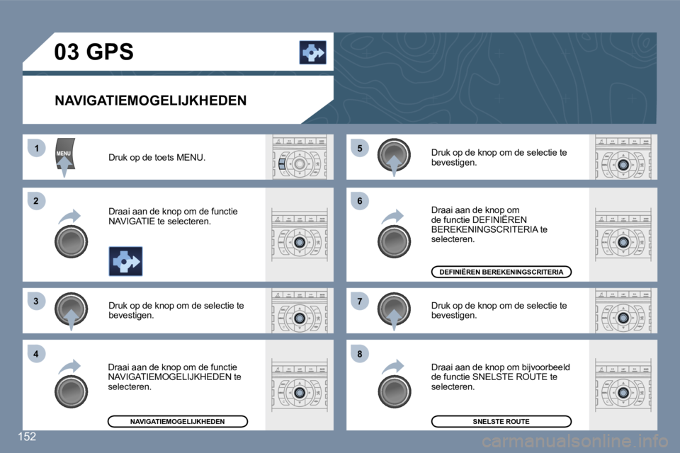 Peugeot 407 2006  Handleiding (in Dutch) �1
�2 
�3 
�4 �5
�6 
�7 
�8
�1�5�2
�0�3� �G�P�S
�N�A�V�I�G�A�T�I�E�M�O�G�E�L�I�J�K�H�E�D�E�N� 
�D�r�u�k� �o�p� �d�e� �t�o�e�t�s� �M�E�N�U�. 
�D�r�a�a�i� �a�a�n� �d�e� �k�n�o�p� �o�m� �d�e� �f�u�n�c�t�