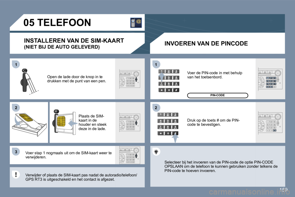 Peugeot 407 2006  Handleiding (in Dutch) �1 
�2 
�3�1 
�2
�1�5�9
�0�5� �T�E�L�E�F�O�O�N
�I�N�S�T�A�L�L�E�R�E�N� �V�A�N� �D�E� �S�I�M�-�K�A�A�R�T 
�(�N�I�E�T� �B�I�J� �D�E� �A�U�T�O� �G�E�L�E�V�E�R�D�)�  �I�N�V�O�E�R�E�N� �V�A�N� �D�E� �P�I�N