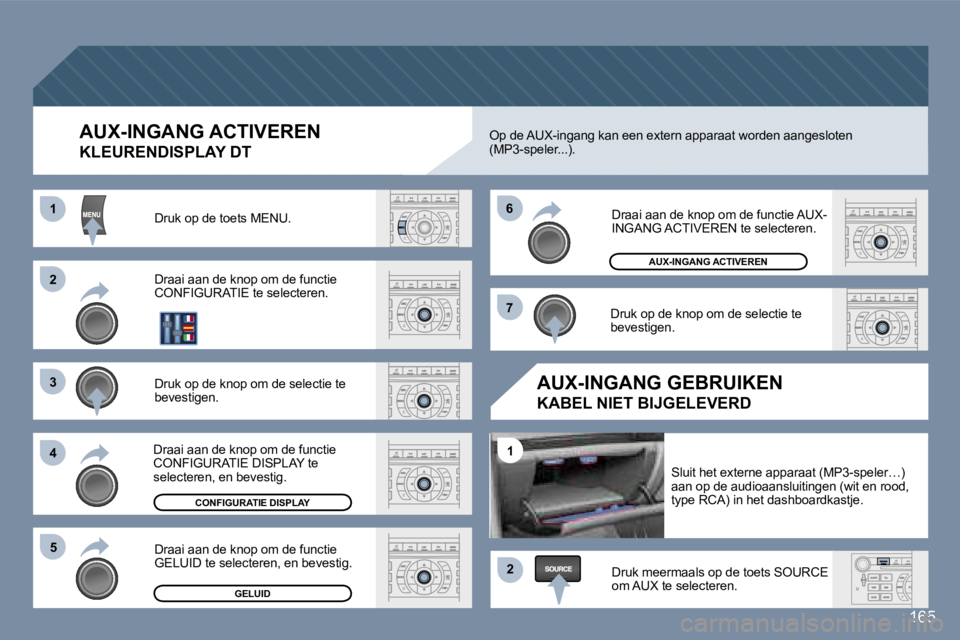 Peugeot 407 2006  Handleiding (in Dutch) �2 
�3 
�4�5 �6 
�7
�2
�1
�1
�1�6�5
�A�U�X�-�I�N�G�A�N�G� �A�C�T�I�V�E�R�E�N
�K�L�E�U�R�E�N�D�I�S�P�L�A�Y� �D�T� 
�D�r�u�k� �o�p� �d�e� �t�o�e�t�s� �M�E�N�U�.�  
�D�r�a�a�i� �a�a�n� �d�e� �k�n�o�p� �o
