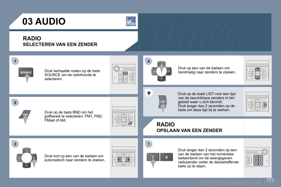 Peugeot 407 2006  Handleiding (in Dutch) �1 
�2 
�3�4 
�1
�1�7�3
�0�3� �A�U�D�I�O� 
�R�A�D�I�O 
�S�E�L�E�C�T�E�R�E�N� �V�A�N� �E�E�N� �Z�E�N�D�E�R
�R�A�D�I�O
�O�P�S�L�A�A�N� �V�A�N� �E�E�N� �Z�E�N�D�E�R
�D�r�u�k� �h�e�r�h�a�a�l�d�e� �m�a�l�e