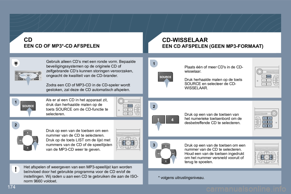 Peugeot 407 2006  Handleiding (in Dutch) �1 
�2 
�3
�1 
�2
�1�7�4
�C�D�-�W�I�S�S�E�L�A�A�R
�E�E�N� �C�D� �A�F�S�P�E�L�E�N� �(�G�E�E�N� �M�P�3�-�F�O�R�M�A�A�T�)� 
�P�l�a�a�t�s� �é�é�n� �o�f� �m�e�e�r� �C�D�'�s� �i�n� �d�e� �C�D�- 
�w�i�