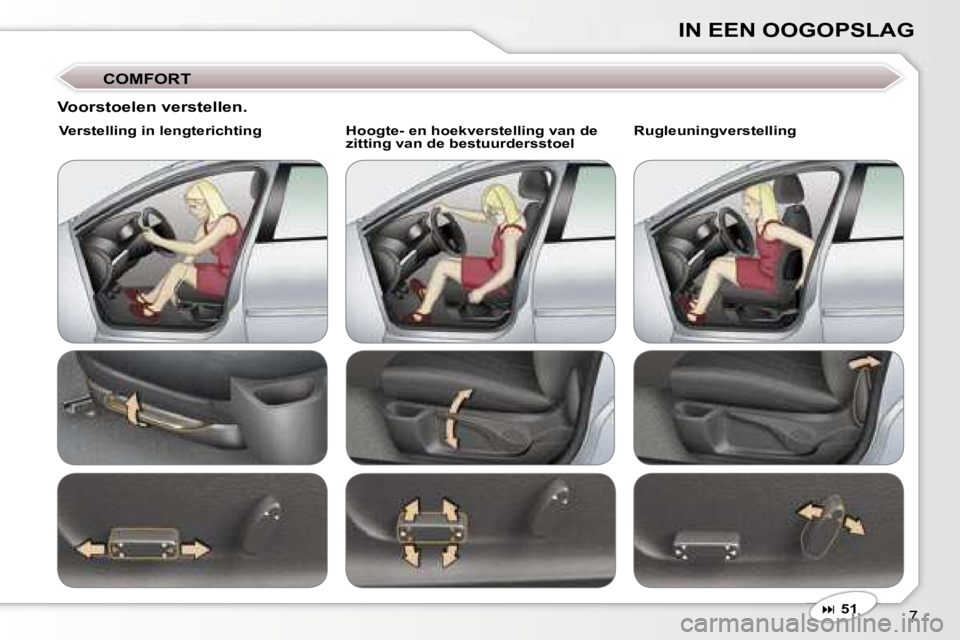 Peugeot 407 2006  Handleiding (in Dutch) �7
�I�N� �E�E�N� �O�O�G�O�P�S�L�A�G
�C�O�M�F�O�R�T
�� �5�1
�V�o�o�r�s�t�o�e�l�e�n� �v�e�r�s�t�e�l�l�e�n�.
�V�e�r�s�t�e�l�l�i�n�g� �i�n� �l�e�n�g�t�e�r�i�c�h�t�i�n�g �H�o�o�g�t�e�-� �e�n� �h�o�e�k�v