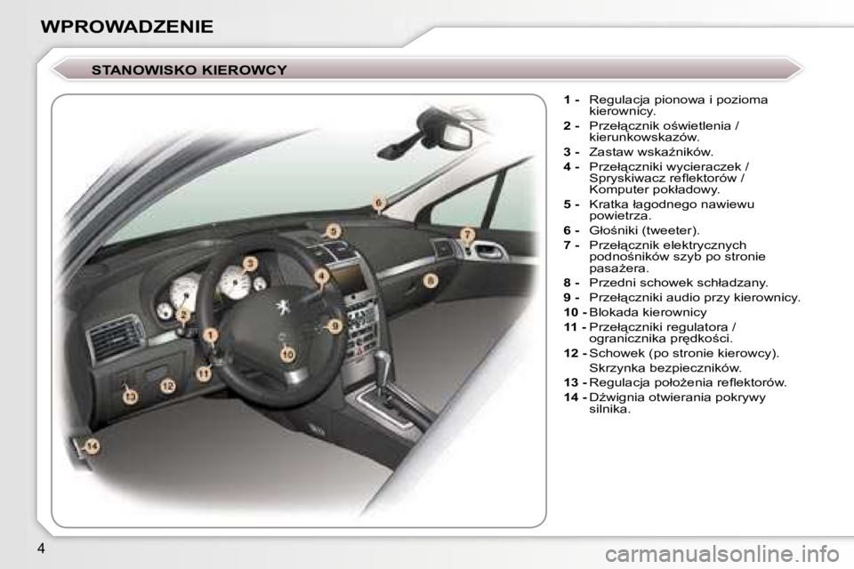 Peugeot 407 2006  Instrukcja Obsługi (in Polish) �4
�W�P�R�O�W�A�D�Z�E�N�I�E
�S�T�A�N�O�W�I�S�K�O� �K�I�E�R�O�W�C�Y
�1� �-�  �R�e�g�u�l�a�c�j�a� �p�i�o�n�o�w�a� �i� �p�o�z�i�o�m�a� 
�k�i�e�r�o�w�n�i�c�y�.
�2� �- �  �P�r�z�e�ł"�c�z�n�i�k� �o;�