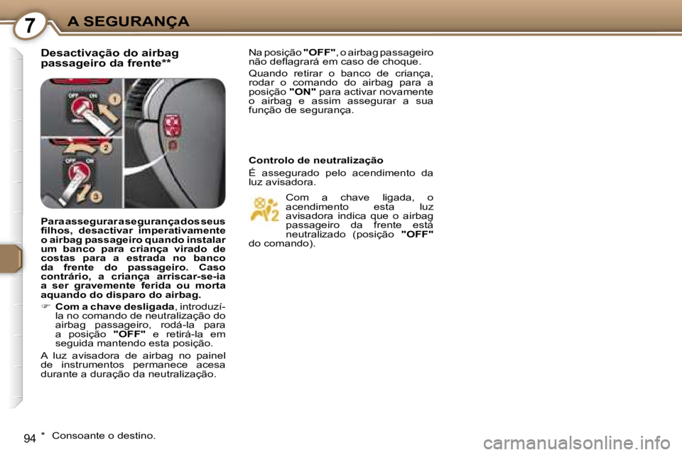 Peugeot 407 2006  Manual do proprietário (in Portuguese) �7�A� �S�E�G�U�R�A�N�Ç�A
�9�4
�D�e�s�a�c�t�i�v�a�ç�ã�o� �d�o� �a�i�r�b�a�g�  
�p�a�s�s�a�g�e�i�r�o� �d�a� �f�r�e�n�t�e�*�*�N�a� �p�o�s�i�ç�ã�o� �"�O�F�F�"�,� �o� �a�i�r�b�a�g� �p�a�s�s�a�