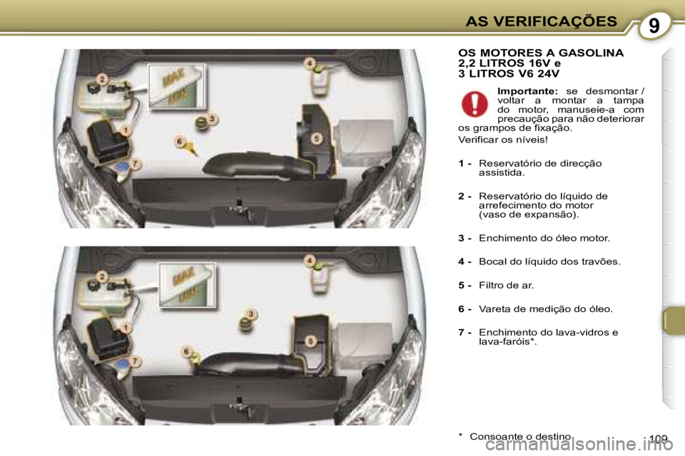 Peugeot 407 2006  Manual do proprietário (in Portuguese) �9�A�S� �V�E�R�I�F�I�C�A�Ç�Õ�E�S
�1�0�9
�O�S� �M�O�T�O�R�E�S� �A� �G�A�S�O�L�I�N�A�  
�2�,�2� �L�I�T�R�O�S� �1�6�V� �e� 
�3� �L�I�T�R�O�S� �V�6� �2�4�V
�*�  �C�o�n�s�o�a�n�t�e� �o� �d�e�s�t�i�n�o�.�