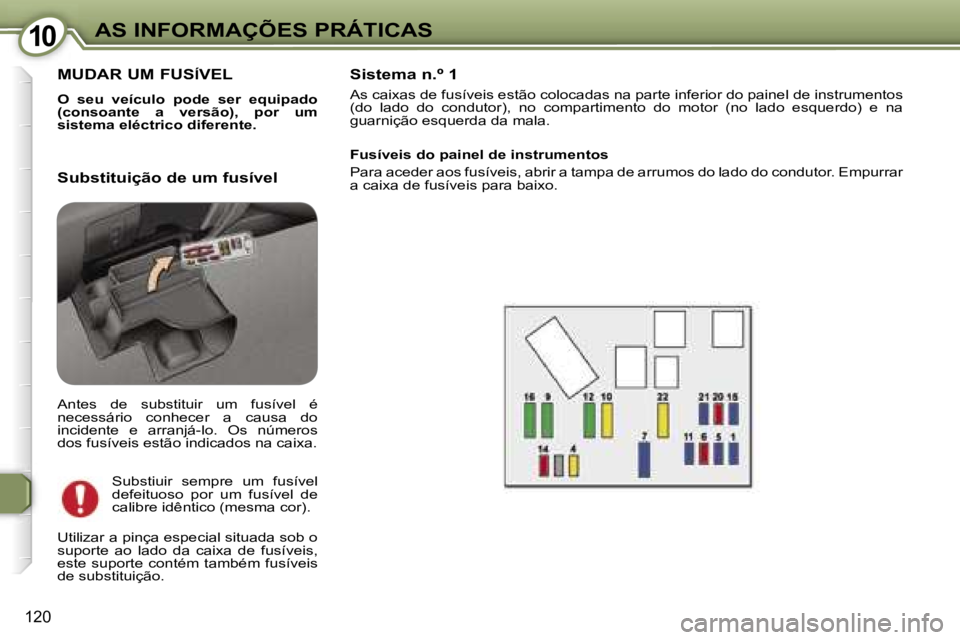 Peugeot 407 2006  Manual do proprietário (in Portuguese) �1�0�A�S� �I�N�F�O�R�M�A�Ç�Õ�E�S� �P�R�Á�T�I�C�A�S
�1�2�0
�M�U�D�A�R� �U�M� �F�U�S�Í�V�E�L
�O�  �s�e�u�  �v�e�í�c�u�l�o�  �p�o�d�e�  �s�e�r�  �e�q�u�i�p�a�d�o�  
�(�c�o�n�s�o�a�n�t�e�  �a�  �v�e�