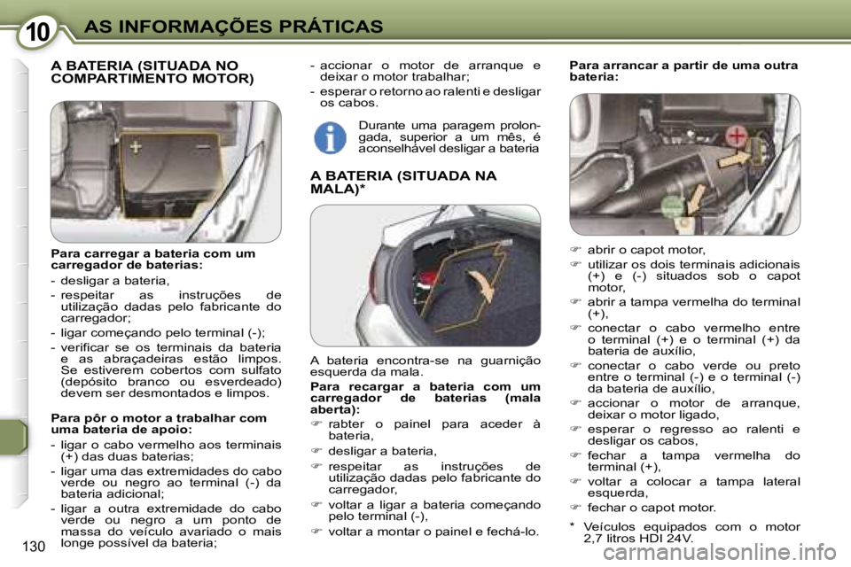 Peugeot 407 2006  Manual do proprietário (in Portuguese) �1�0�A�S� �I�N�F�O�R�M�A�Ç�Õ�E�S� �P�R�Á�T�I�C�A�S
�1�3�0
�-�  �a�c�c�i�o�n�a�r�  �o�  �m�o�t�o�r�  �d�e�  �a�r�r�a�n�q�u�e�  �e� �d�e�i�x�a�r� �o� �m�o�t�o�r� �t�r�a�b�a�l�h�a�r�;
�-�  �e�s�p�e�r�