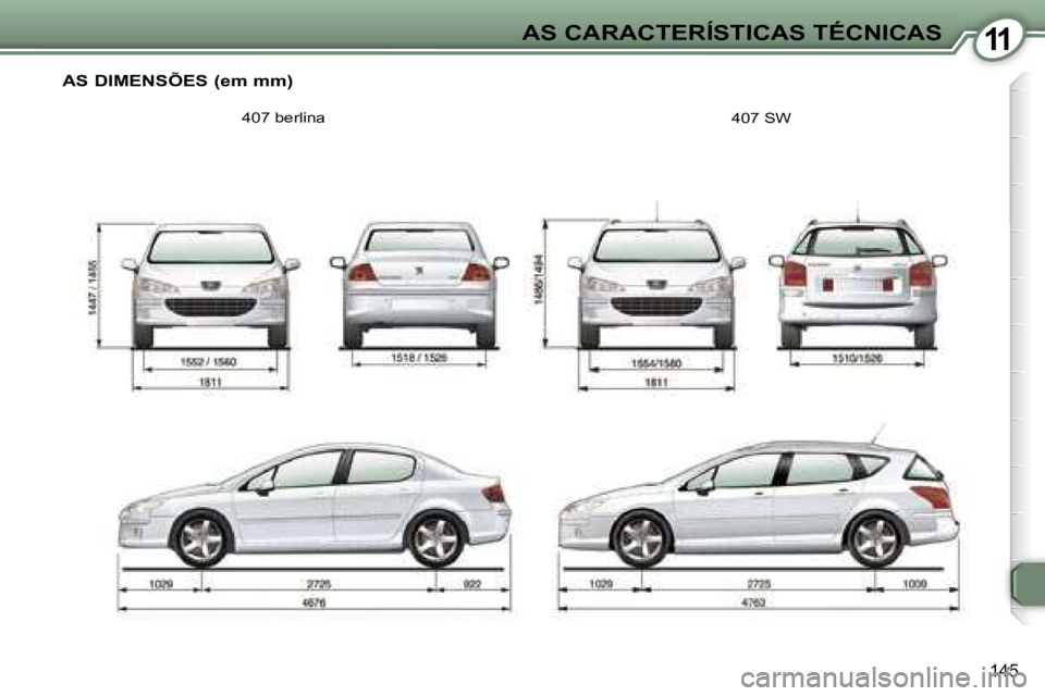 Peugeot 407 2006  Manual do proprietário (in Portuguese) �1�1�A�S� �C�A�R�A�C�T�E�R�Í�S�T�I�C�A�S� �T�É�C�N�I�C�A�S
�1�4�5
�A�S� �D�I�M�E�N�S�Õ�E�S� �(�e�m� �m�m�)
�4�0�7� �b�e�r�l�i�n�a�4�0�7� �S�W   