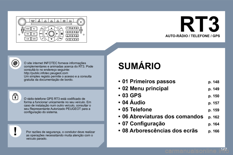 Peugeot 407 2006  Manual do proprietário (in Portuguese) �1�4�7
�R�T�3
�A�U�T�O�-�R�Á�D�I�O� �/� �T�E�L�E�F�O�N�E� �/� �G�P�S
�S�U�M�Á�R�I�O 
�•�  �0�1� �P�r�i�m�e�i�r�o�s� �p�a�s�s�o�s �  �p�.� �1�4�8
�•�  �0�2� �M�e�n�u� �p�r�i�n�c�i�p�a�l �  �p�.� 