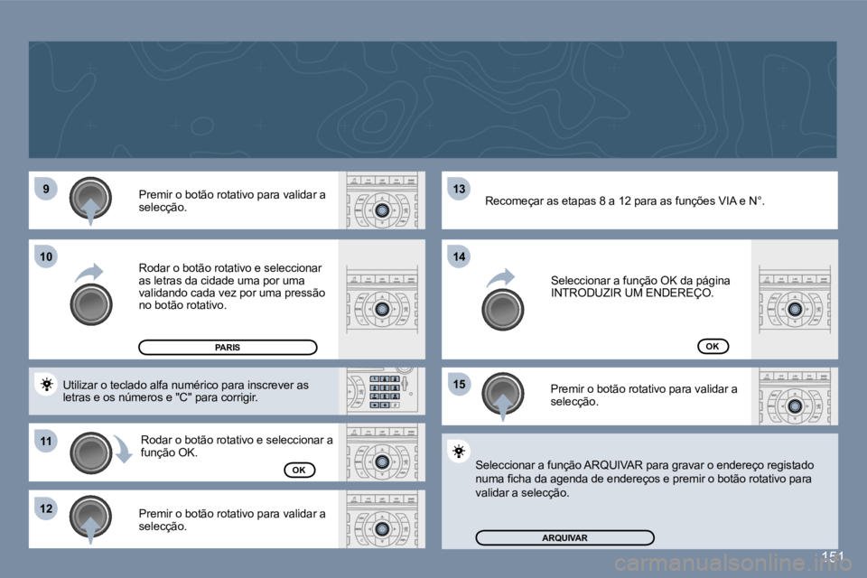 Peugeot 407 2006  Manual do proprietário (in Portuguese) �9
�1�1
�1�2 �1�3 
�1�5
�1�0
�1�4
�1�5�1
�P�r�e�m�i�r� �o� �b�o�t�ã�o� �r�o�t�a�t�i�v�o� �p�a�r�a� �v�a�l�i�d�a�r� �a�  
�s�e�l�e�c�ç�ã�o�. 
�R�o�d�a�r� �o� �b�o�t�ã�o� �r�o�t�a�t�i�v�o� �e� �s�e�
