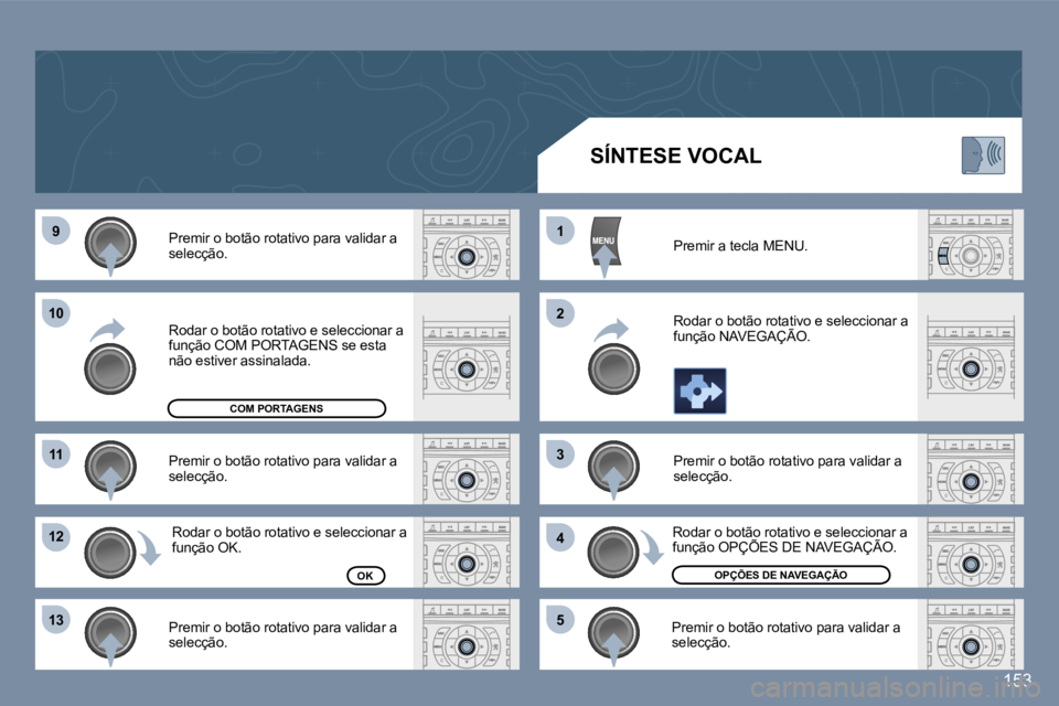 Peugeot 407 2006  Manual do proprietário (in Portuguese) �9
�1�0
�1�1
�1�2 
�1�3 �1 
�2 
�3 
�4
�5
�1�5�3
�P�r�e�m�i�r� �o� �b�o�t�ã�o� �r�o�t�a�t�i�v�o� �p�a�r�a� �v�a�l�i�d�a�r� �a�  
�s�e�l�e�c�ç�ã�o�. 
�P�r�e�m�i�r� �o� �b�o�t�ã�o� �r�o�t�a�t�i�v�o�