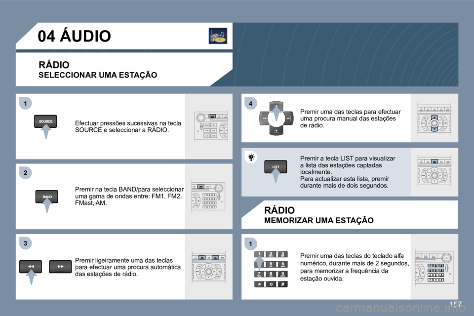 Peugeot 407 2006  Manual do proprietário (in Portuguese) �1 
�2 
�3�4 
�1
�1�5�7
�0�4� �Á�U�D�I�O� 
�R�Á�D�I�O 
�S�E�L�E�C�C�I�O�N�A�R� �U�M�A� �E�S�T�A�Ç�Ã�O
�R�Á�D�I�O
�M�E�M�O�R�I�Z�A�R� �U�M�A� �E�S�T�A�Ç�Â�O
�E�f�e�c�t�u�a�r� �p�r�e�s�s�õ�e�s� 