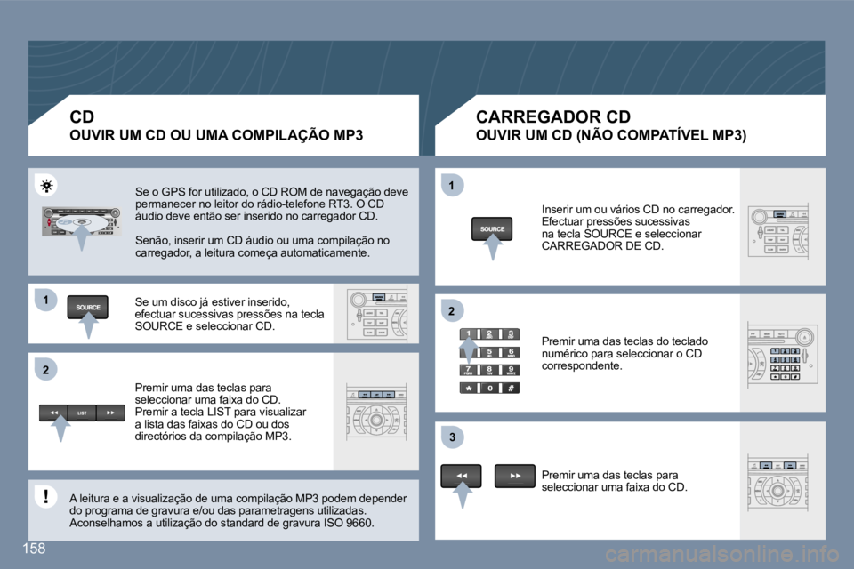 Peugeot 407 2006  Manual do proprietário (in Portuguese) �1 
�2�1 
�2
�3
�1�5�8
�C�D� 
�O�U�V�I�R� �U�M� �C�D� �O�U� �U�M�A� �C�O�M�P�I�L�A�Ç�Ã�O� �M�P�3
�C�A�R�R�E�G�A�D�O�R� �C�D� 
�O�U�V�I�R� �U�M� �C�D� �(�N�Ã�O� �C�O�M�P�A�T�Í�V�E�L� �M�P�3�)
�S�e�