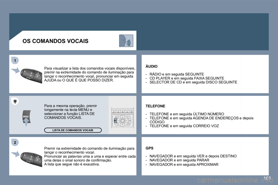 Peugeot 407 2006  Manual do proprietário (in Portuguese) �2
�1
�1�6�3
�P�r�e�m�i�r� �n�a� �e�x�t�r�e�m�i�d�a�d�e� �d�o� �c�o�m�a�n�d�o� �d�e� �i�l�u�m�i�n�a�ç�ã�o� �p�a�r�a
� 
�l�a�n�ç�a�r� �o� �r�e�c�o�n�h�e�c�i�m�e�n�t�o� �v�o�c�a�l�. 
�P�r�o�n�u�n�c�i