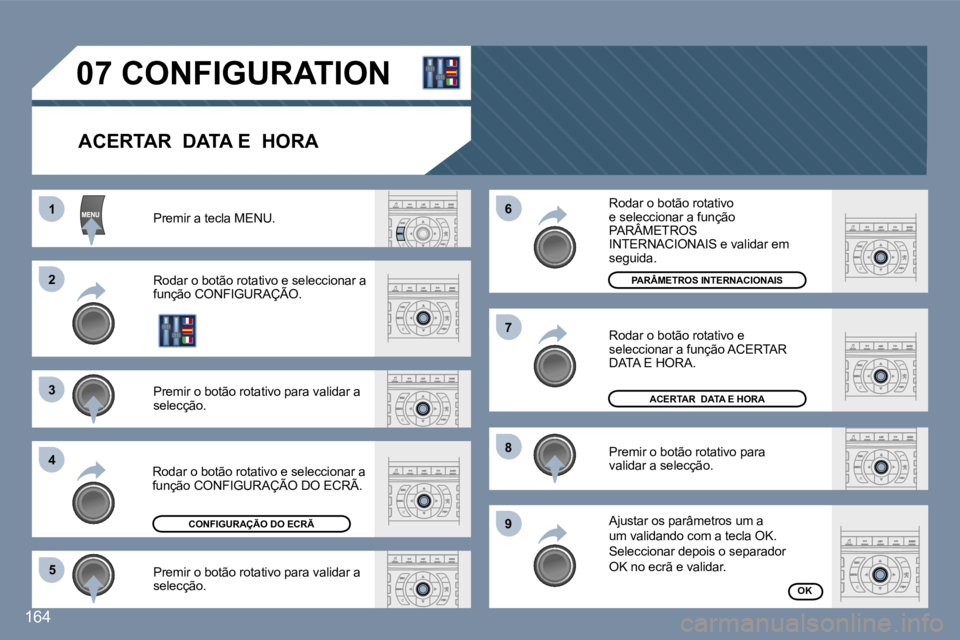 Peugeot 407 2006  Manual do proprietário (in Portuguese) �1 
�2 
�3 
�4�5 �6 
�7 
�8 
�9
�1�6�4
�0�7� �C�O�N�F�I�G�U�R�A�T�I�O�N� 
�A�C�E�R�T�A�R� � �D�A�T�A� �E� � �H�O�R�A
�P�r�e�m�i�r� �a� �t�e�c�l�a� �M�E�N�U�. 
�R�o�d�a�r� �o� �b�o�t�ã�o� �r�o�t�a�t�i
