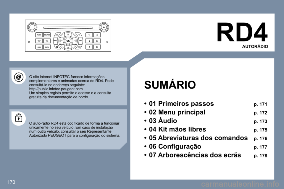 Peugeot 407 2006  Manual do proprietário (in Portuguese) �1�7�0
�R�D�4�A�U�T�O�R�Á�D�I�O
�S�U�M�Á�R�I�O 
�•�  �0�1� �P�r�i�m�e�i�r�o�s� �p�a�s�s�o�s �  �p�.� �1�7�1
�•�  �0�2� �M�e�n�u� �p�r�i�n�c�i�p�a�l �  �p�.� �1�7�2
�•�  �0�3� �Á�u�d�i�o �  �p