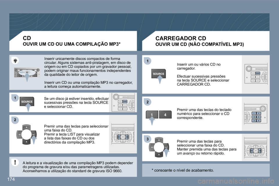 Peugeot 407 2006  Manual do proprietário (in Portuguese) �1 
�2 
�3
�1 
�2
�1�7�4
�C�A�R�R�E�G�A�D�O�R� �C�D� 
�O�U�V�I�R� �U�M� �C�D� �(�N�Ã�O� �C�O�M�P�A�T�Í�V�E�L� �M�P�3�)
�I�n�s�e�r�i�r� �u�m� �o�u� �v�á�r�i�o�s� �C�D� �n�o�  
�c�a�r�r�e�g�a�d�o�r�.