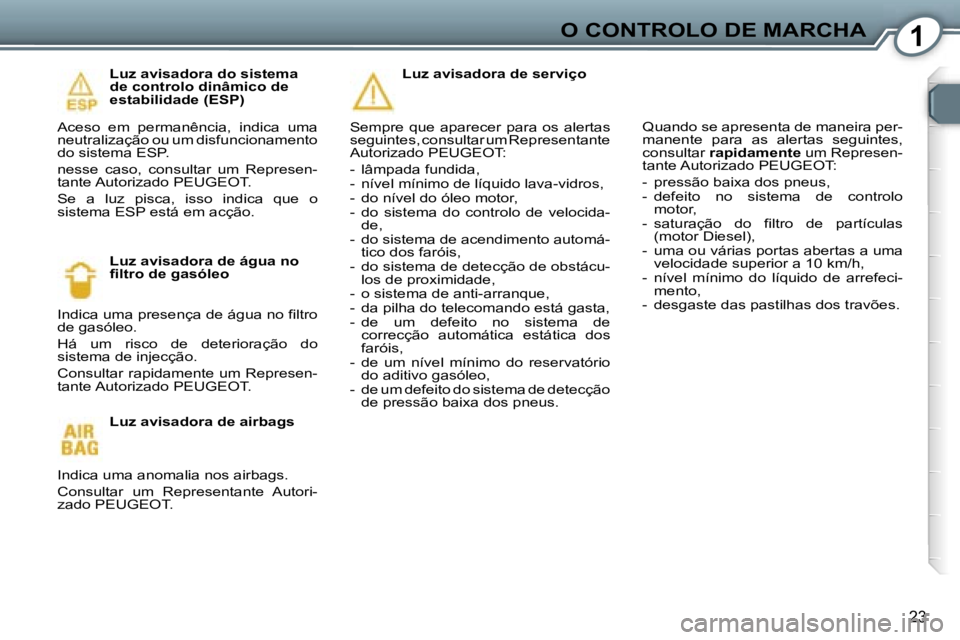 Peugeot 407 2006  Manual do proprietário (in Portuguese) �1�O� �C�O�N�T�R�O�L�O� �D�E� �M�A�R�C�H�A
�2�3
�L�u�z� �a�v�i�s�a�d�o�r�a� �d�o� �s�i�s�t�e�m�a�  
�d�e� �c�o�n�t�r�o�l�o� �d�i�n�â�m�i�c�o� �d�e� 
�e�s�t�a�b�i�l�i�d�a�d�e� �(�E�S�P�)
�A�c�e�s�o�  