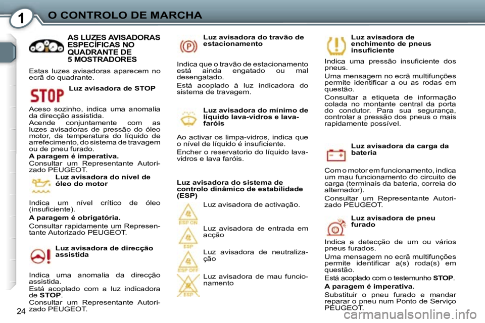 Peugeot 407 2006  Manual do proprietário (in Portuguese) �1�O� �C�O�N�T�R�O�L�O� �D�E� �M�A�R�C�H�A
�2�4
�L�u�z� �a�v�i�s�a�d�o�r�a� �d�a� �c�a�r�g�a� �d�a�  
�b�a�t�e�r�i�a
�C�o�m� �o� �m�o�t�o�r� �e�m� �f�u�n�c�i�o�n�a�m�e�n�t�o�,� �i�n�d�i�c�a� 
�u�m� �m