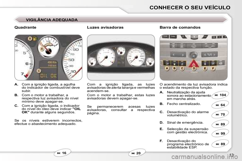 Peugeot 407 2006  Manual do proprietário (in Portuguese) �1�3
�C�O�N�H�E�C�E�R� �O� �S�E�U� �V�E�Í�C�U�L�O
�V�I�G�I�L�Â�N�C�I�A� �A�D�E�Q�U�A�D�A
�Q�u�a�d�r�a�n�t�e�B�a�r�r�a� �d�e� �c�o�m�a�n�d�o�s
�A�.�  �C�o�m� �a� �i�g�n�i�ç�ã�o� �l�i�g�a�d�a�,� �a�