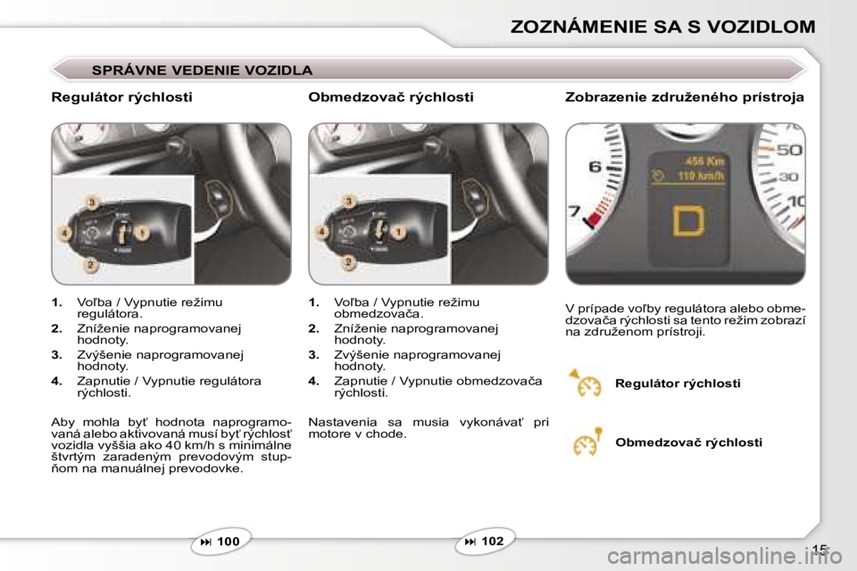 Peugeot 407 2006  Užívateľská príručka (in Slovak) �1�5
�Z�O�Z�N�Á�M�E�N�I�E� �S�A� �S� �V�O�Z�I�D�L�O�M
�S�P�R�Á�V�N�E� �V�E�D�E�N�I�E� �V�O�Z�I�D�L�A
�R�e�g�u�l�á�t�o�r� �r�ý�c�h�l�o�s�t�i �Z�o�b�r�a�z�e�n�i�e� �z�d�r�u�ž�e�n�é�h�o� �p�r�í�s�