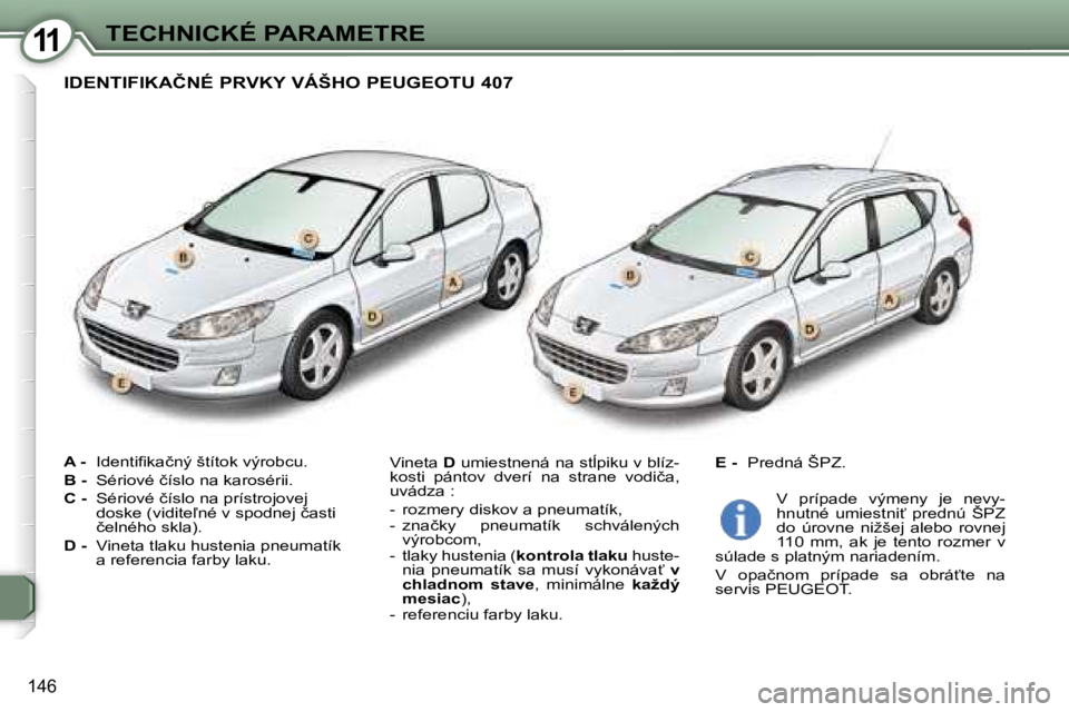Peugeot 407 2006  Užívateľská príručka (in Slovak) �1�1�T�E�C�H�N�I�C�K�É� �P�A�R�A�M�E�T�R�E
�1�4�6
�A� �-�  �I�d�e�n�t�i�ﬁ�k�a�č�n�ý� �š�t�í�t�o�k� �v�ý�r�o�b�c�u�.
�B� �- �  �S�é�r�i�o�v�é� �č�í�s�l�o� �n�a� �k�a�r�o�s�é�r�i�i�.
�C� �-