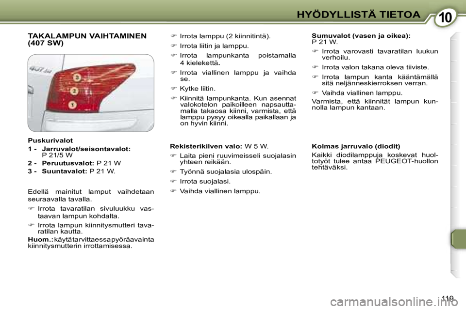 Peugeot 407 2006  Omistajan käsikirja (in Finnish) �1�0�H�Y�Ö�D�Y�L�L�I�S�T�Ä� �T�I�E�T�O�A
�1�1�9
�T�A�K�A�L�A�M�P�U�N� �V�A�I�H�T�A�M�I�N�E�N�  
�(�4�0�7� �S�W�)�S�u�m�u�v�a�l�o�t� �(�v�a�s�e�n� �j�a� �o�i�k�e�a�)�: 
�P� �2�1� �W�. 
��  �I�r�r�