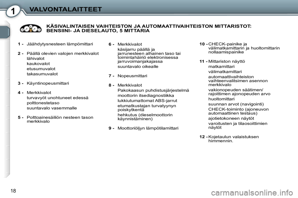 Peugeot 407 2006  Omistajan käsikirja (in Finnish) �1�V�A�L�V�O�N�T�A�L�A�I�T�T�E�E�T
�1�8
�1� �-�  �J�ä�ä�h�d�y�t�y�s�n�e�s�t�e�e�n� �l�ä�m�p�ö�m�i�t�t�a�r�i
�2� �-�  �P�ä�ä�l�l�ä� �o�l�e�v�i�e�n� �v�a�l�o�j�e�n� �m�e�r�k�k�i�v�a�l�o�t
�  �l�