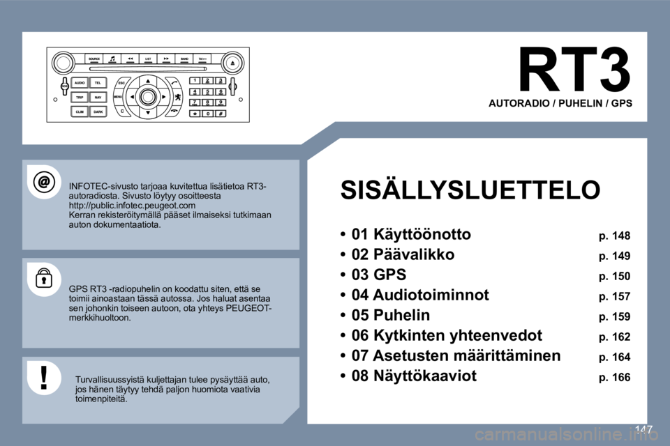 Peugeot 407 2006  Omistajan käsikirja (in Finnish) �1�4�7
�R�T�3
�A�U�T�O�R�A�D�I�O� �/� �P�U�H�E�L�I�N� �/� �G�P�S
�S�I�S�Ä�L�L�Y�S�L�U�E�T�T�E�L�O 
�•�  �0�1� �K�ä�y�t�t�ö�ö�n�o�t�t�o � �p�.� �1�4�8
�•�  �0�2� �P�ä�ä�v�a�l�i�k�k�o �  �p�.�