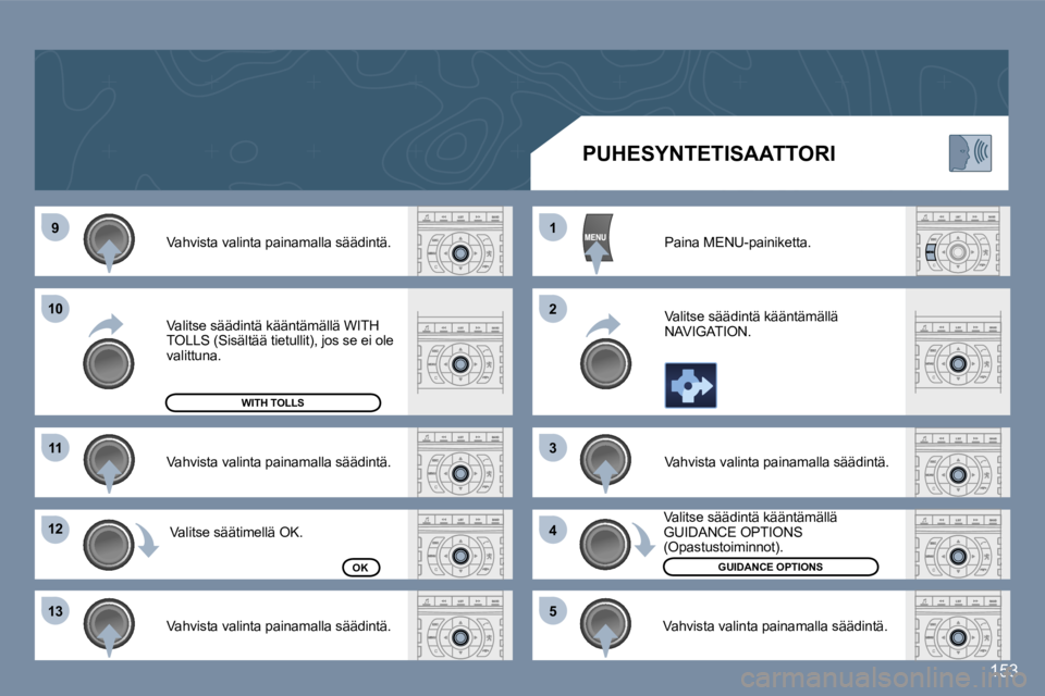 Peugeot 407 2006  Omistajan käsikirja (in Finnish) �9
�1�0
�1�1
�1�2 
�1�3 �1 
�2 
�3 
�4
�5
�1�5�3
�V�a�h�v�i�s�t�a� �v�a�l�i�n�t�a� �p�a�i�n�a�m�a�l�l�a� �s�ä�ä�d�i�n�t�ä�. 
�V�a�h�v�i�s�t�a� �v�a�l�i�n�t�a� �p�a�i�n�a�m�a�l�l�a� �s�ä�ä�d�i�n�t