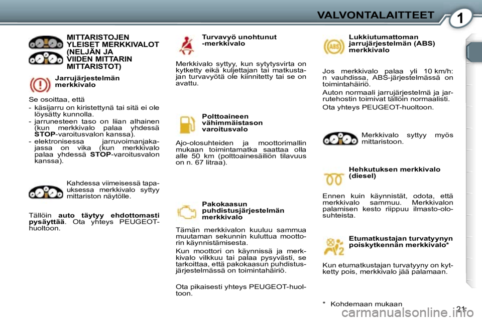 Peugeot 407 2006  Omistajan käsikirja (in Finnish) �1�V�A�L�V�O�N�T�A�L�A�I�T�T�E�E�T
�2�1
�J�a�r�r�u�j�ä�r�j�e�s�t�e�l�m�ä�n�  
�m�e�r�k�k�i�v�a�l�o
�M�I�T�T�A�R�I�S�T�O�J�E�N�  
�Y�L�E�I�S�E�T� �M�E�R�K�K�I�V�A�L�O�T� 
�(�N�E�L�J�Ä�N� �J�A� 
�V�I