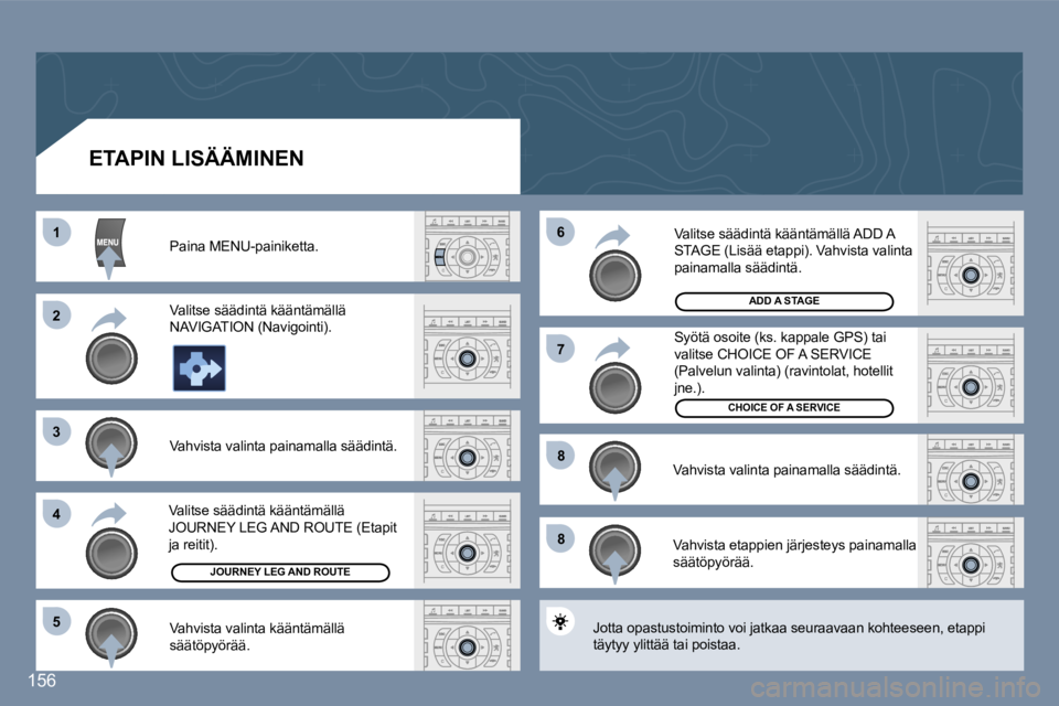 Peugeot 407 2006  Omistajan käsikirja (in Finnish) �1
�2
�3
�4�6
�5
�7
�8
�8
�1�5�6
�E�T�A�P�I�N� �L�I�S�Ä�Ä�M�I�N�E�N
�P�a�i�n�a� �M�E�N�U�-�p�a�i�n�i�k�e�t�t�a�. 
�V�a�l�i�t�s�e� �s�ä�ä�d�i�n�t�ä� �k�ä�ä�n�t�ä�m�ä�l�l�ä�  
�N�A�V�I�G�A�T�I